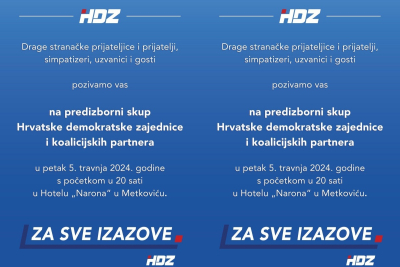 Predizborni skup HDZ-a i koalicijskih partnera u petak u Hotelu ‘Narona’