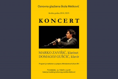 OGŠ Metković: Gostujući koncert Marka Zavišića - klarinet i Domagoja Gušćića  na klaviru