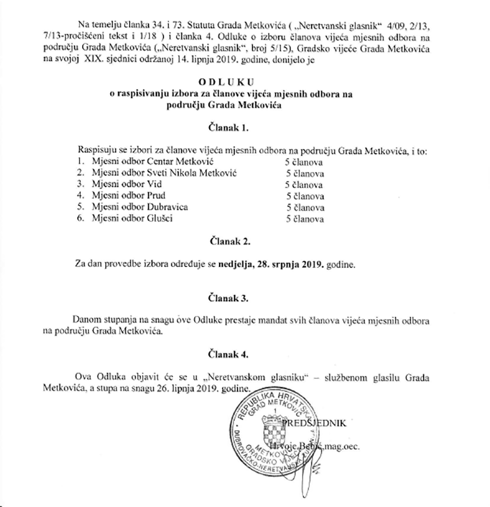 Odluka o raspisivanju izbora za članove vijeća mjesnih odbora na području Grada Metkovića