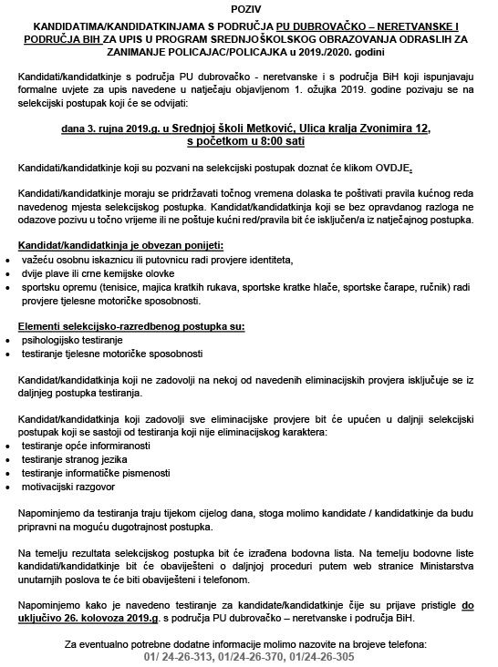 POZIV NA TESTIRANJE PREKVALIFIKACIJA Metkovic 03 09 2019