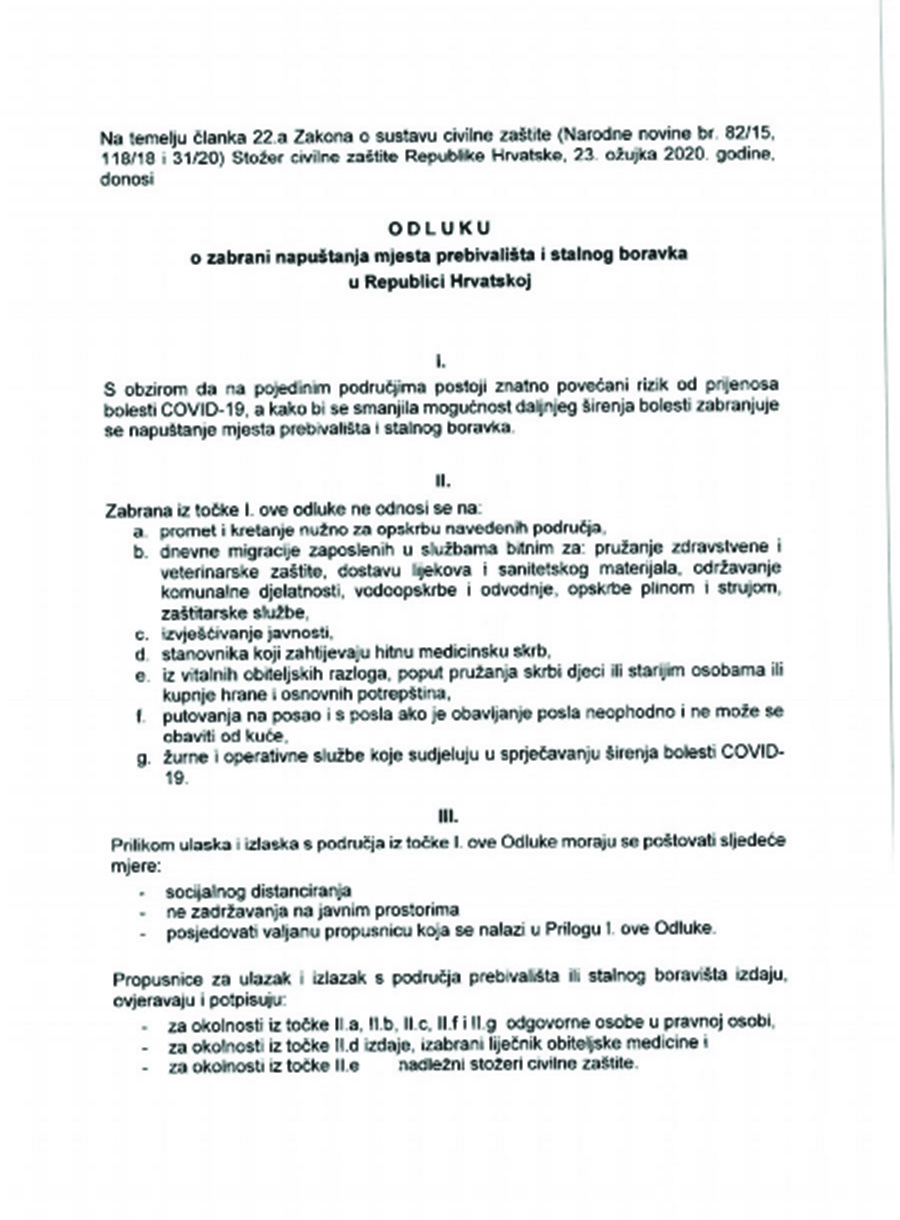 Odluka o zabrani napuštanja mjesta prebivališta i stalnog boravka u Republici Hrvatskoj 1