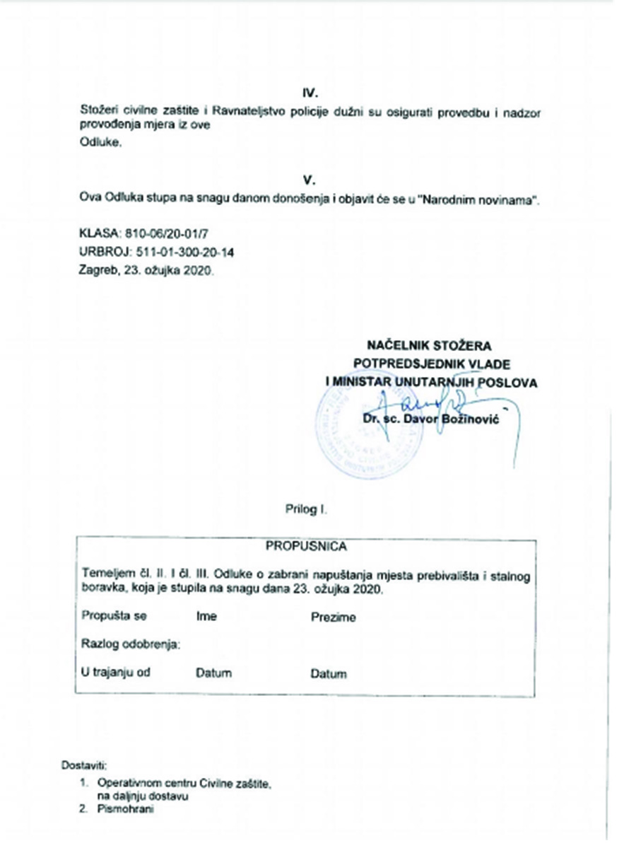 Odluka o zabrani napuštanja mjesta prebivališta i stalnog boravka u Republici Hrvatskoj 2